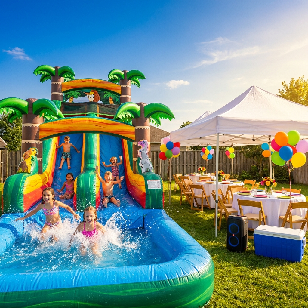 Summer Splash Party Package — water slide, tent, tables, chairs, speaker