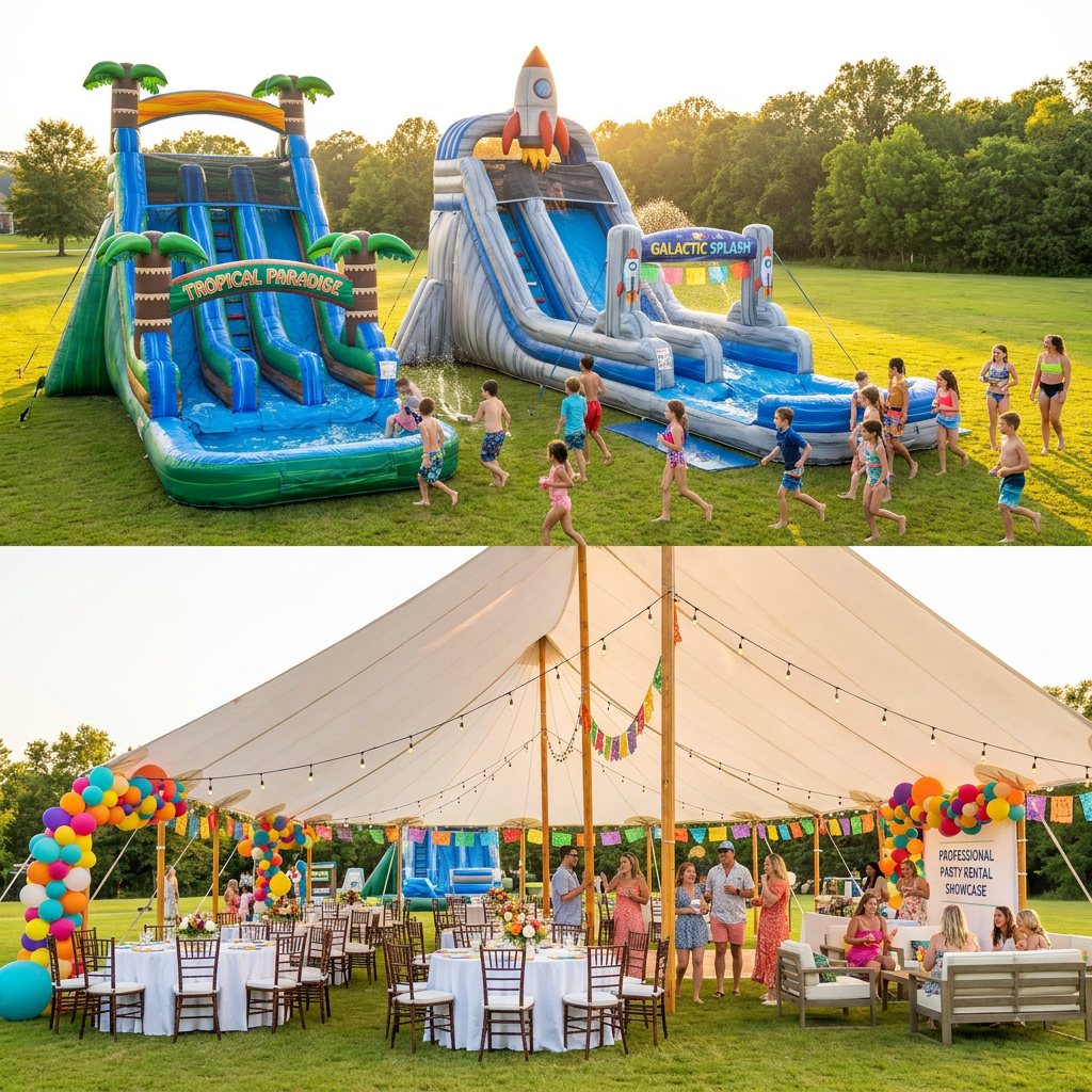 Double Splash Fiesta Package — two water slides, tent, tables, chairs