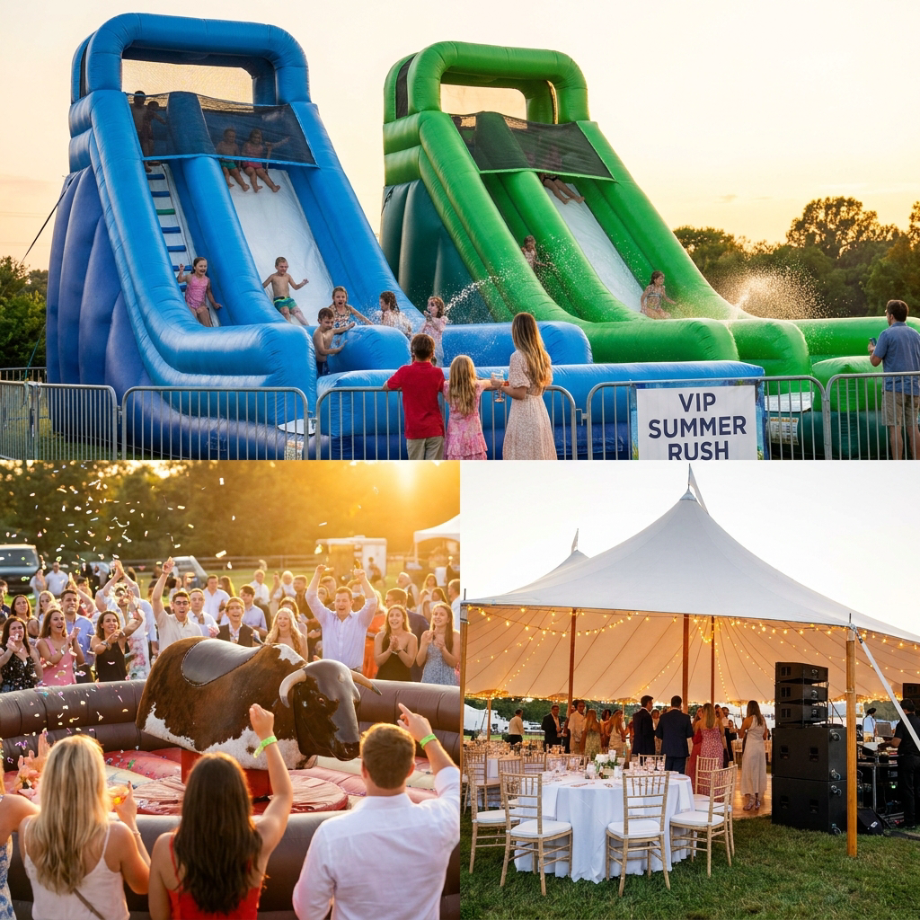 Beast Mode VIP Package — mechanical bull, two water slides, tent, full setup