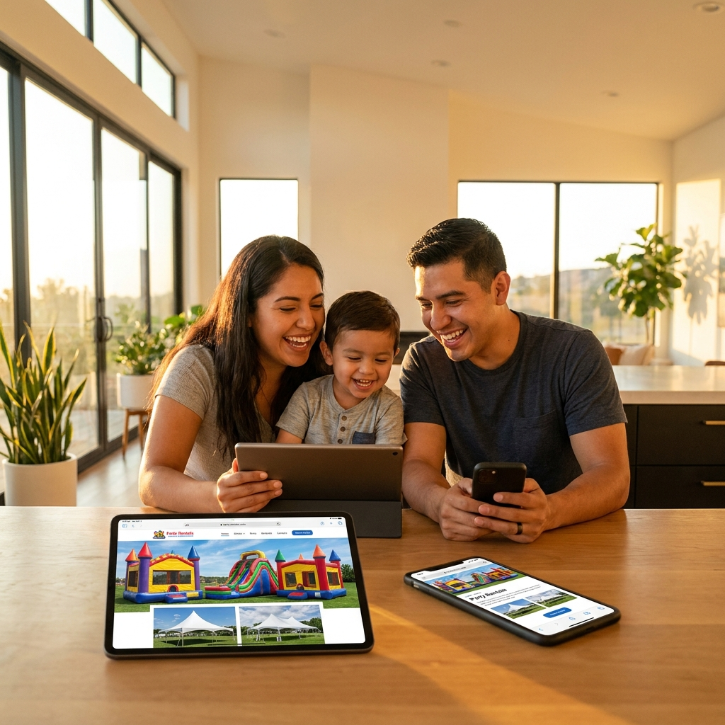 Family browsing party rentals on tablet and phone