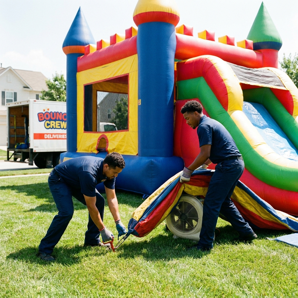 Workers setting up bounce house in backyard
