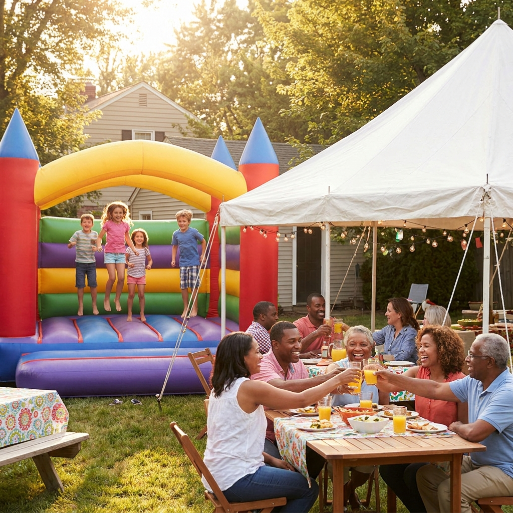 Happy family enjoying backyard party with bounce house and tent
