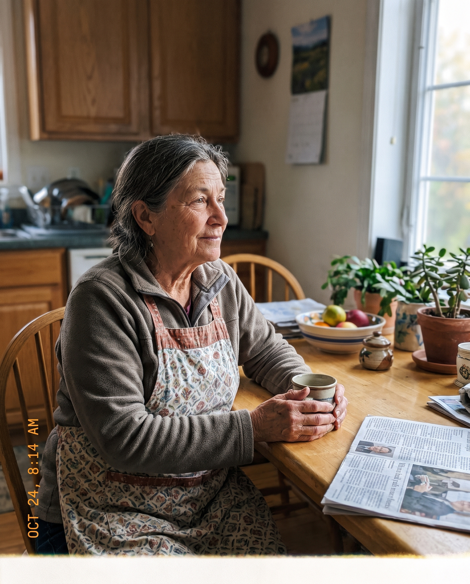 Mujer pensativa en su cocina