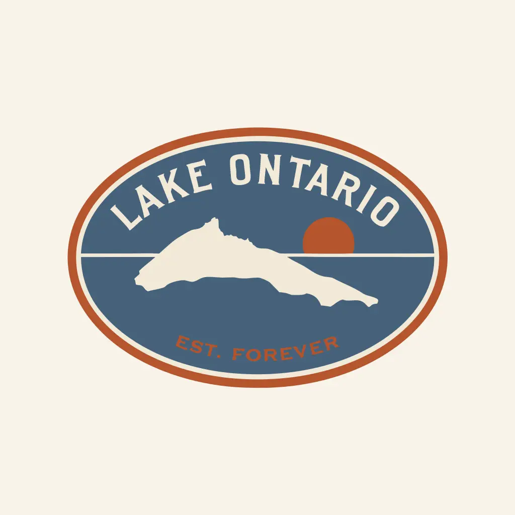 Lake Ontario oval badge, national park patch style, slate blue, cream and rust