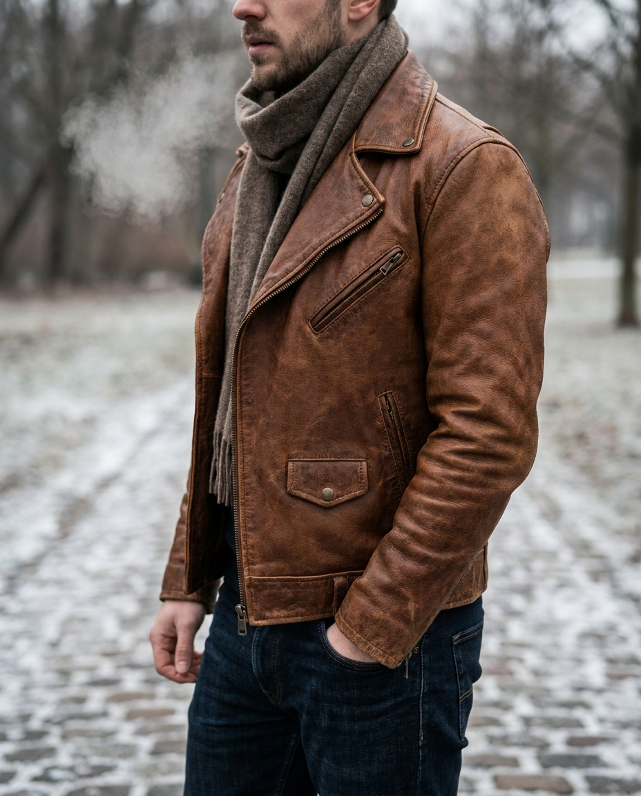 Man wearing a genuine cognac brown leather biker jacket outdoors in winter