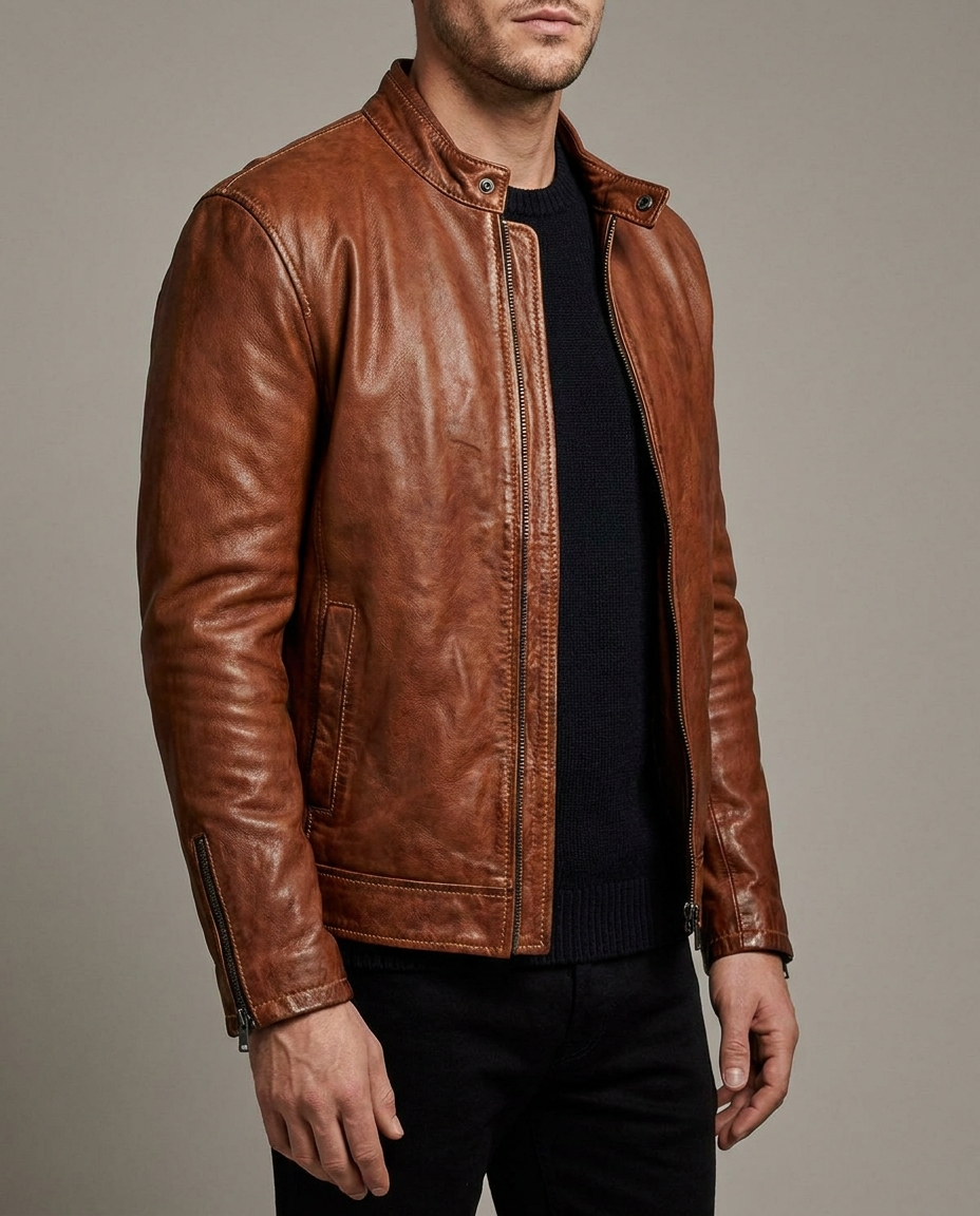 Men's Cognac Brown Biker Style Jacket in genuine lambskin