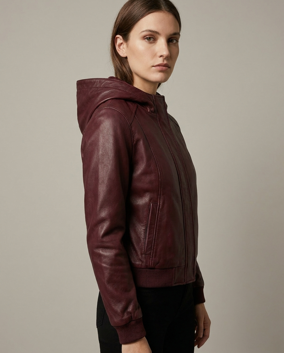 Women's Burgundy Bomber Leather Jacket with hood