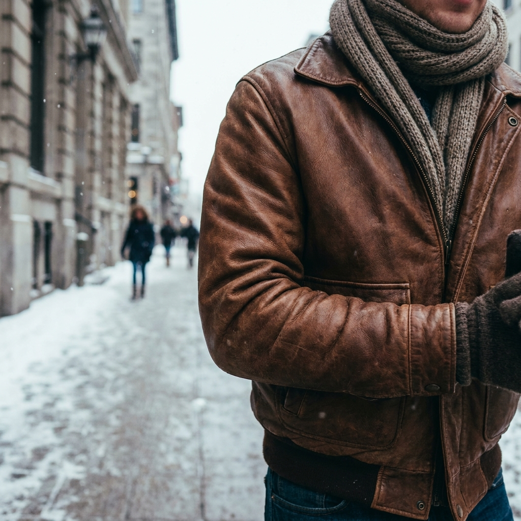 Person wearing a brown leather jacket walking through a snowy street