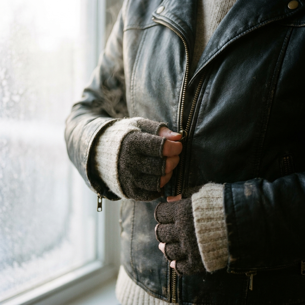 Close-up of hands adjusting the zipper of a black leather jacket