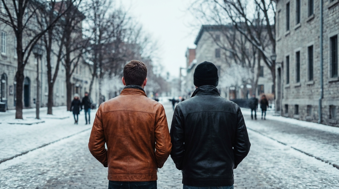 Two friends walking down a frosty winter street wearing leather jackets