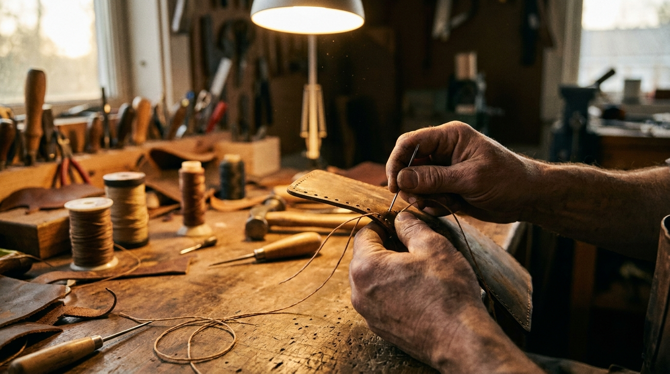 Hands hand-stitching genuine leather at a workbench