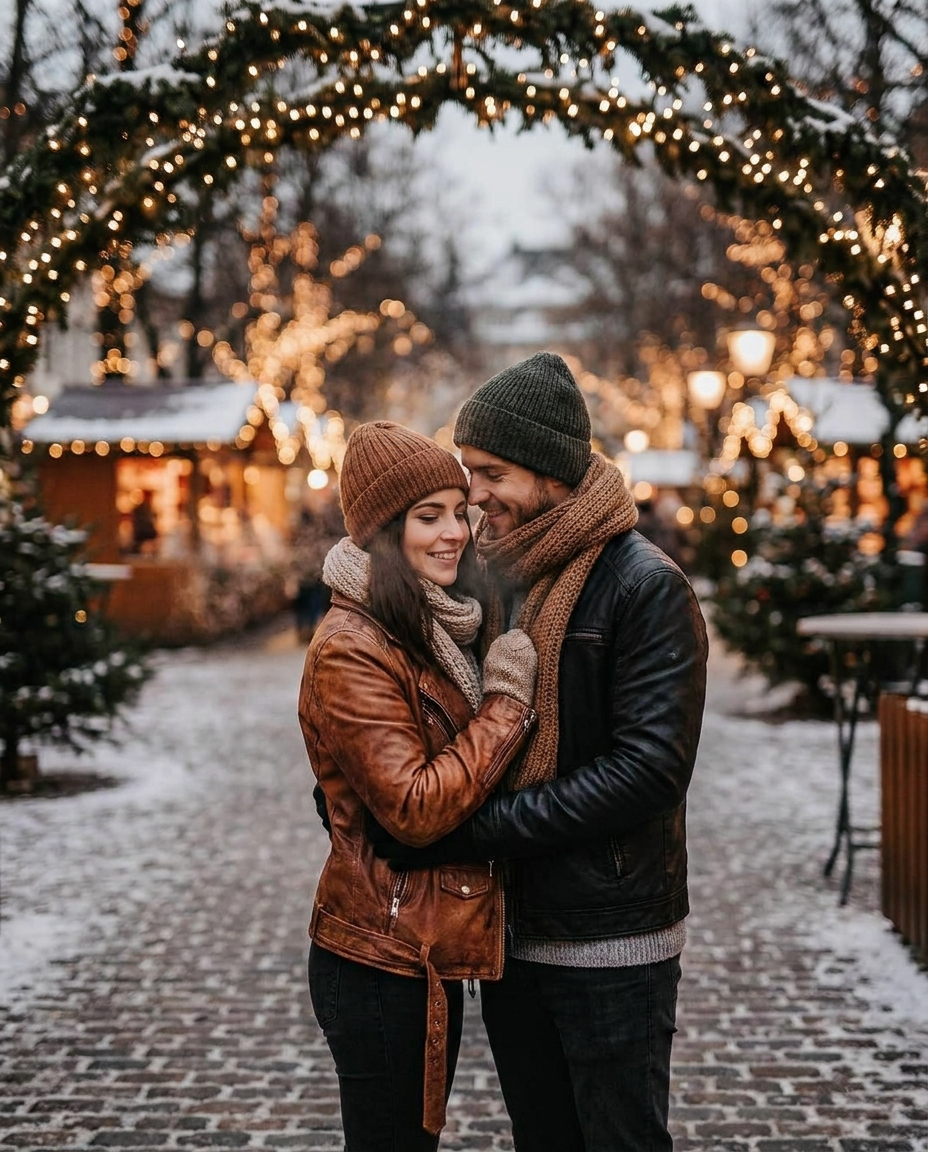 Couple wearing genuine leather jackets together during the holiday season