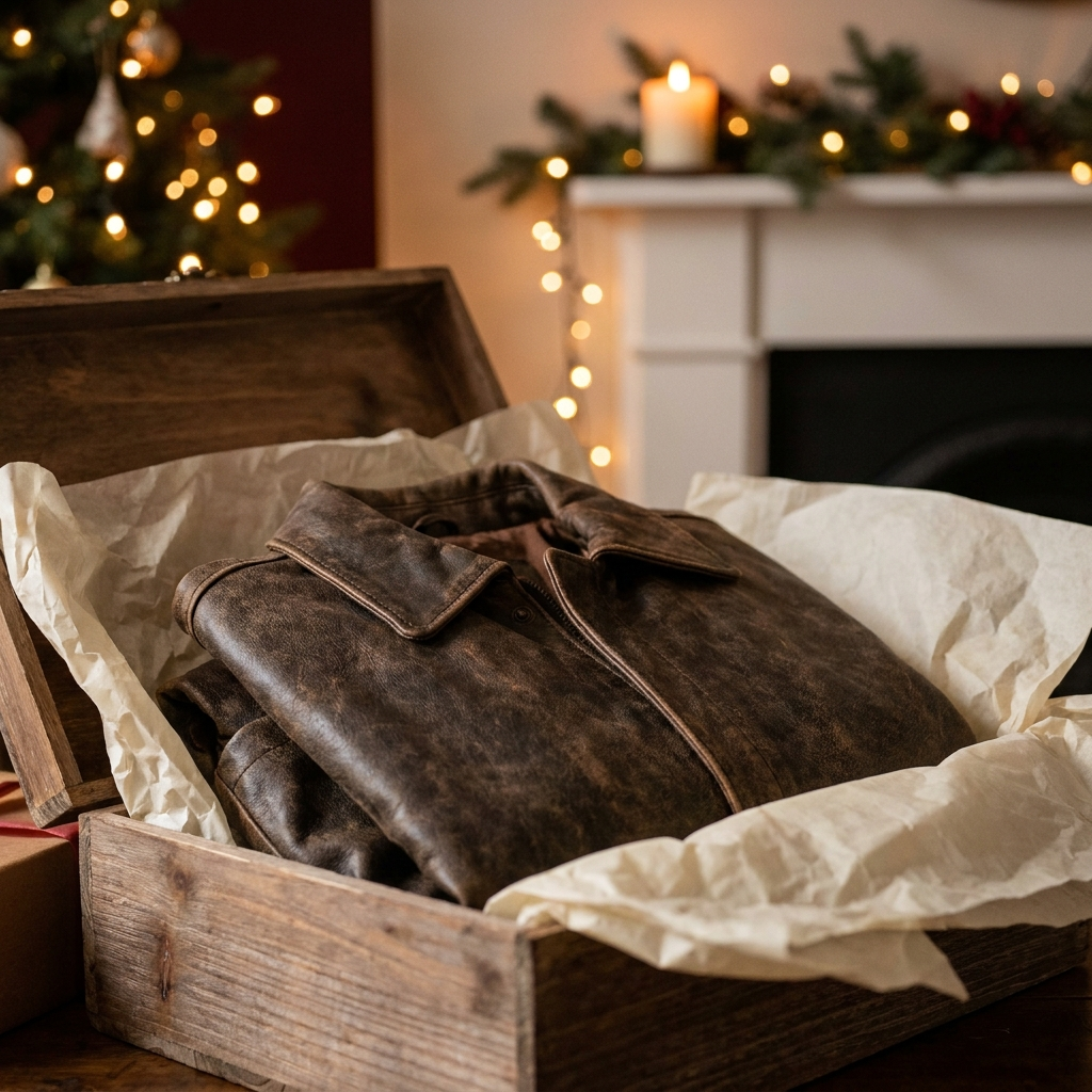 Genuine leather jacket folded neatly inside a gift box