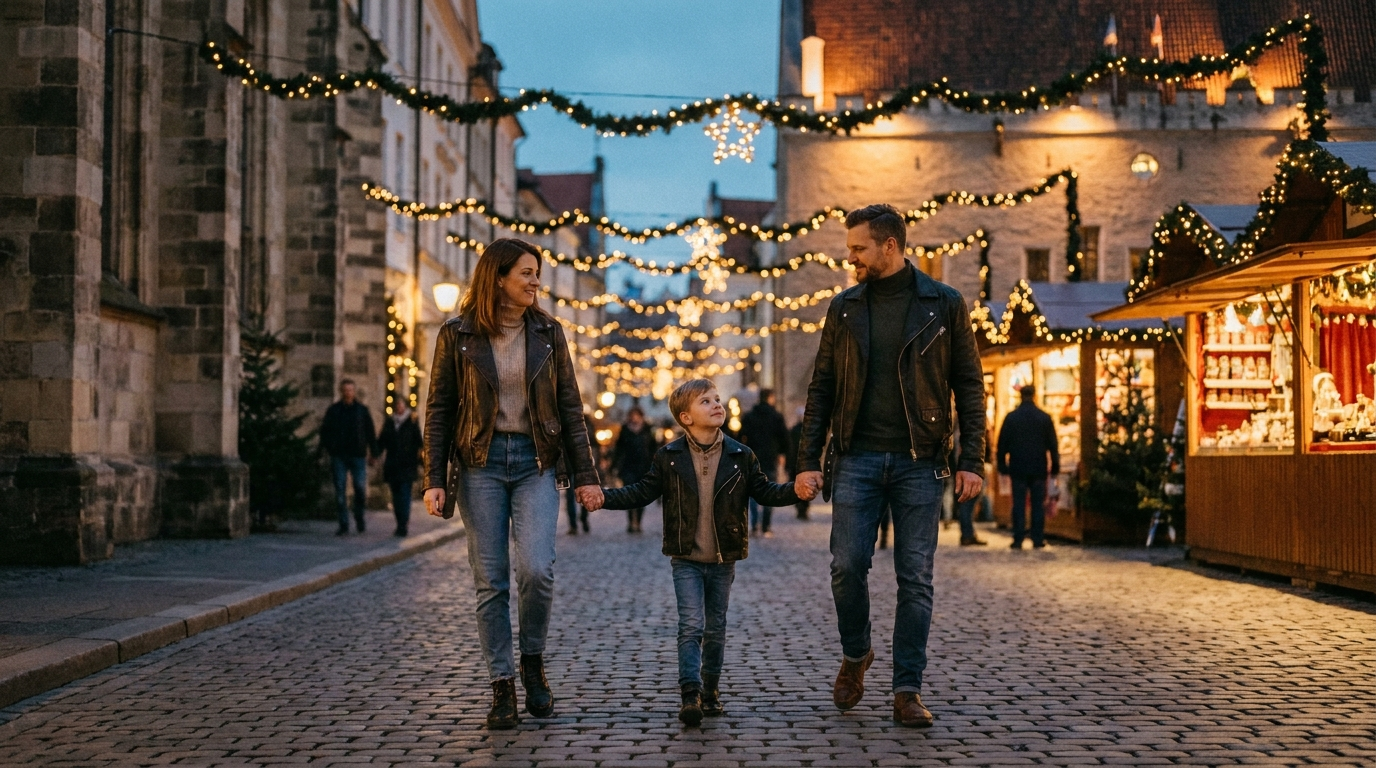 Family walking together during the holiday season wearing genuine leather jackets
