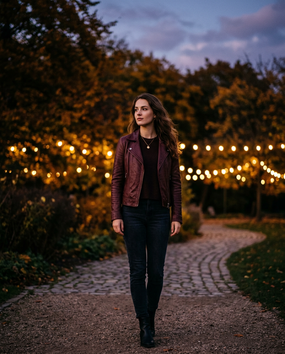Person wearing a deep burgundy genuine leather jacket at dusk in autumn