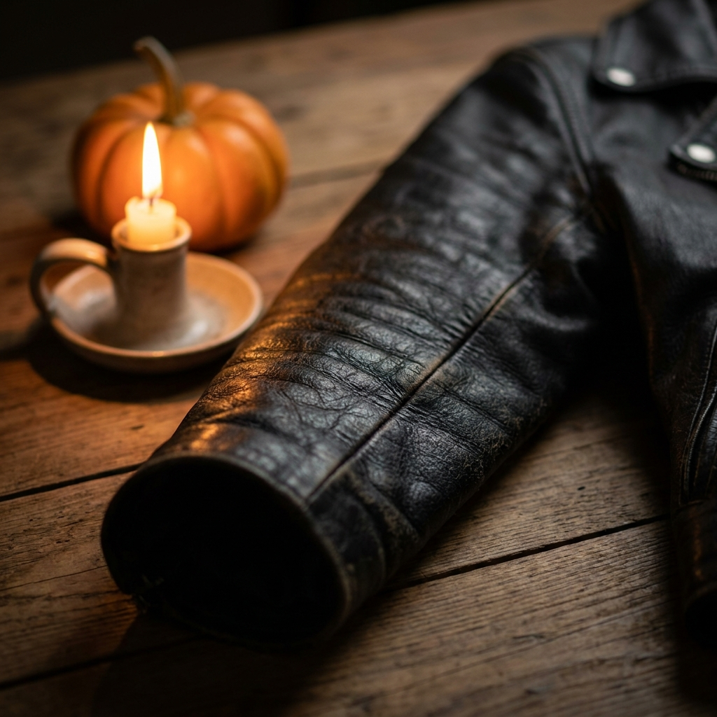 Black leather jacket sleeve beside a lit candle and pumpkin