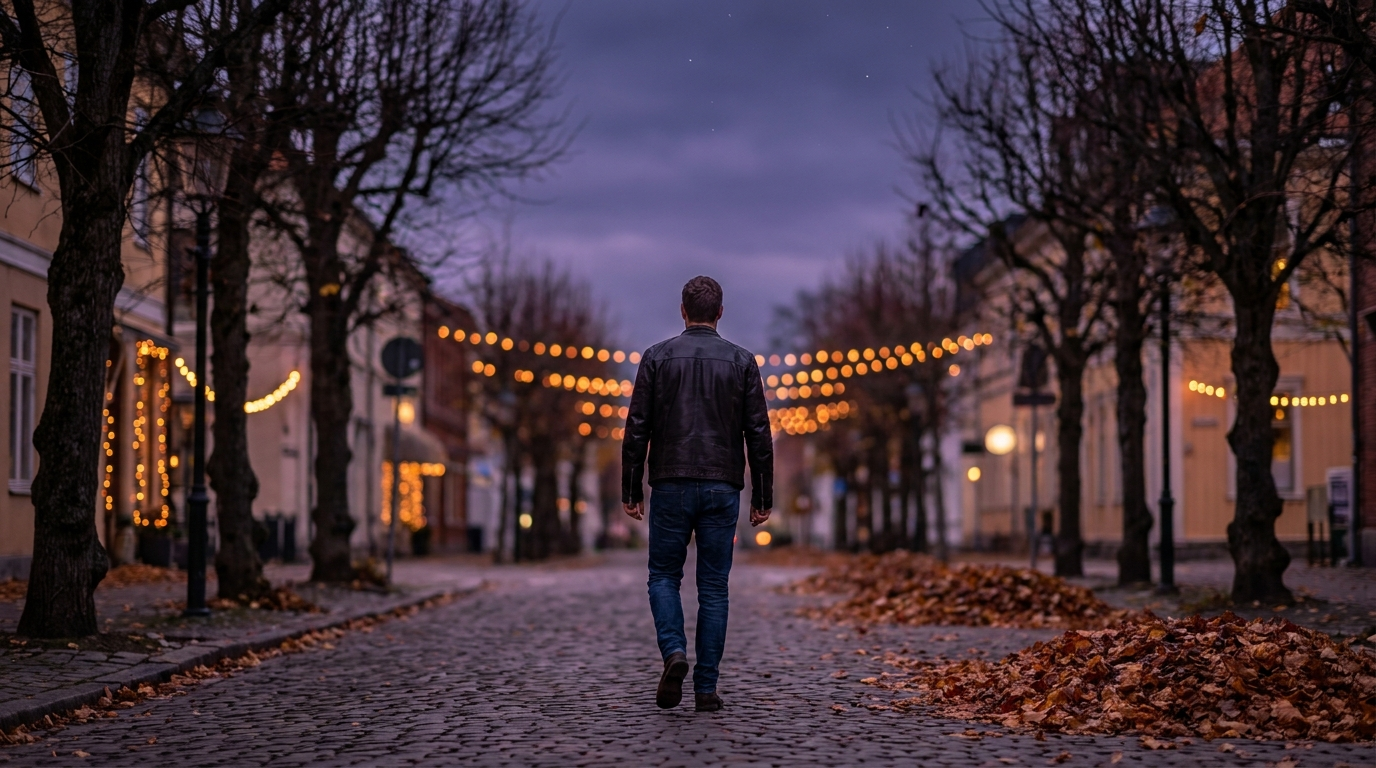 Person wearing a black leather jacket walking down an autumn street at dusk