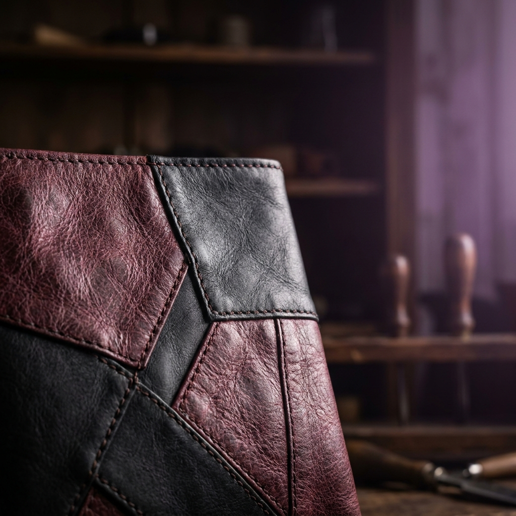 Close texture detail of burgundy and black leather