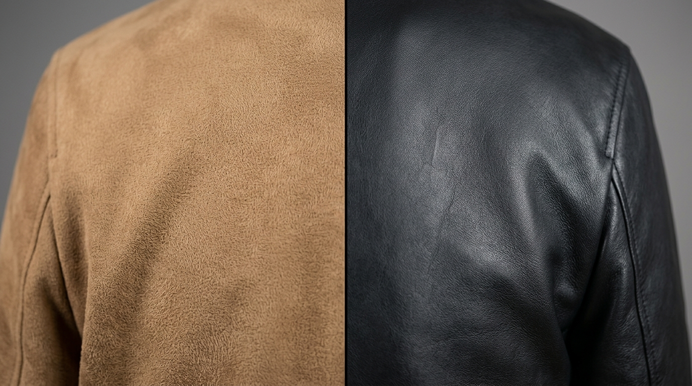 Split comparison of matte faux suede texture on left and smooth black lambskin leather on right