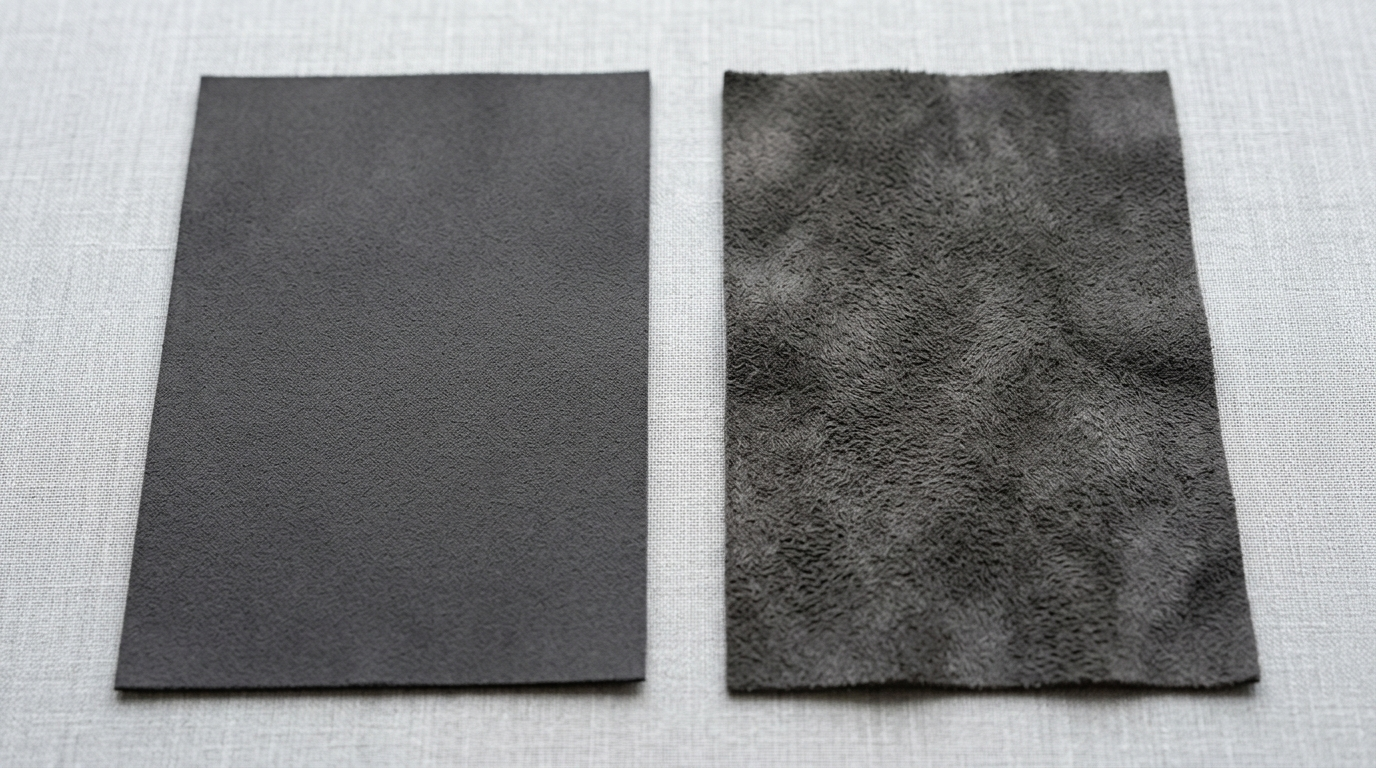 Side by side comparison of faux suede and real suede fabric textures
