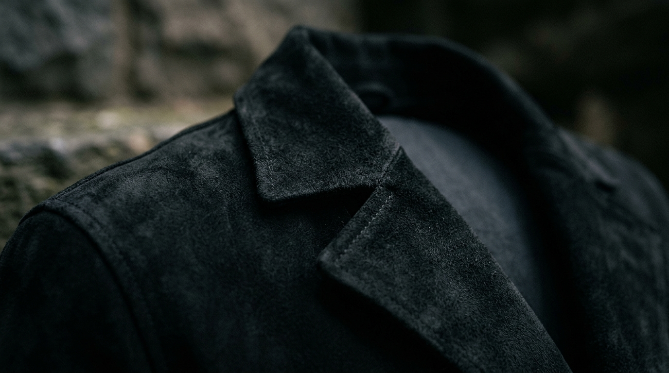Close-up fashion detail of black jacket collar showing material texture