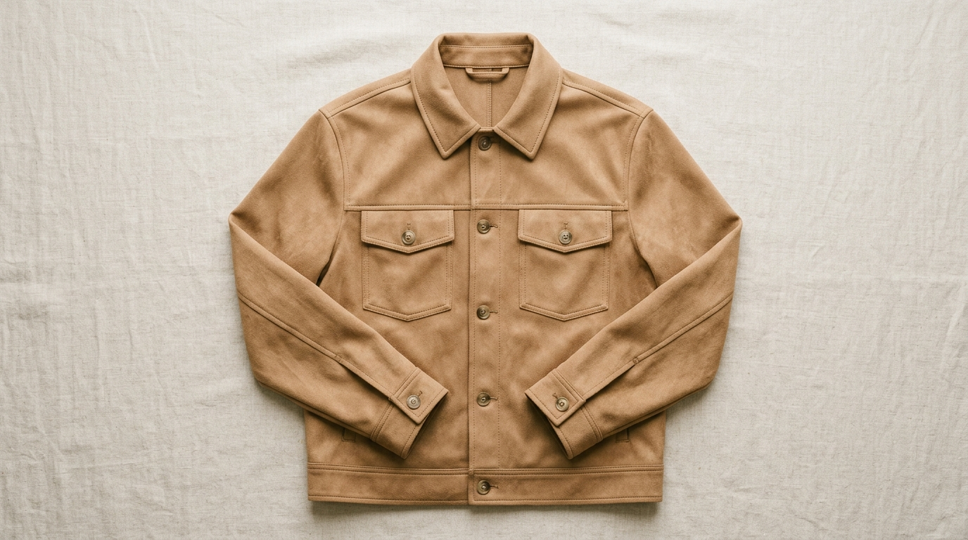 Light brown faux suede jacket flat lay showing clean microfibre surface