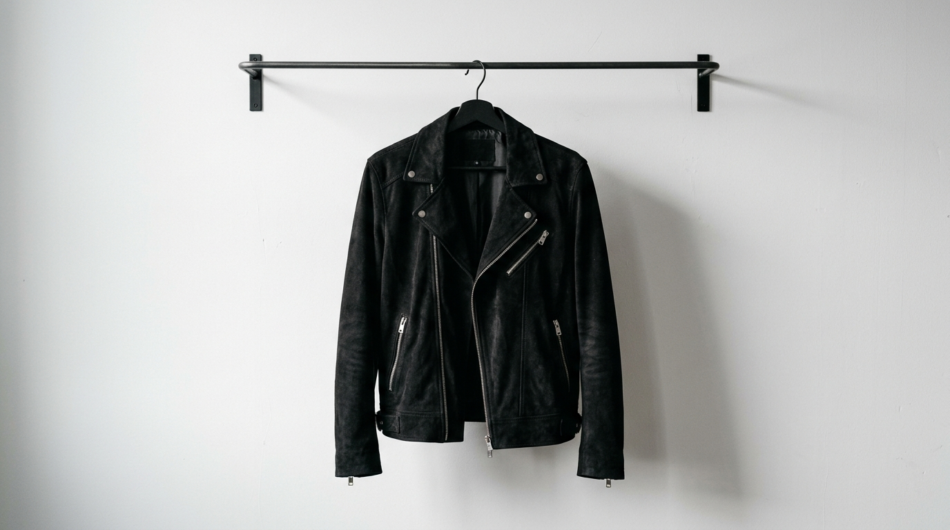 Black faux suede biker style jacket hanging on minimal rail
