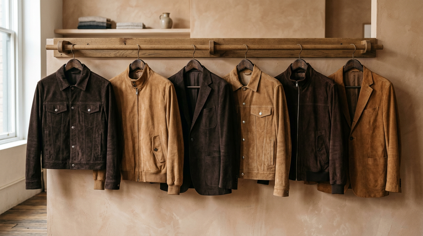 Multiple suede jacket silhouettes on wooden hangers showing trucker blazer and harrington styles