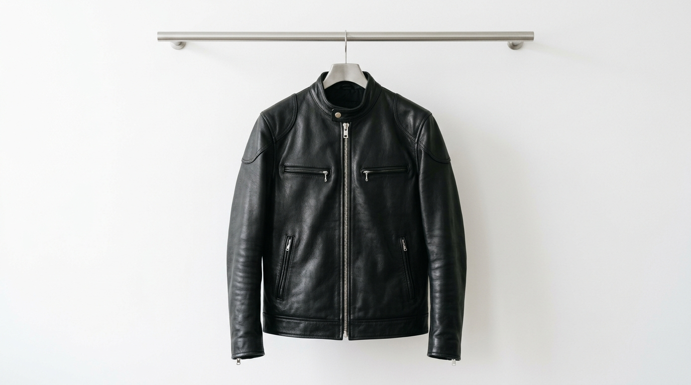 Black cafe racer leather jacket on minimal metal rail showing flat band collar and straight zip