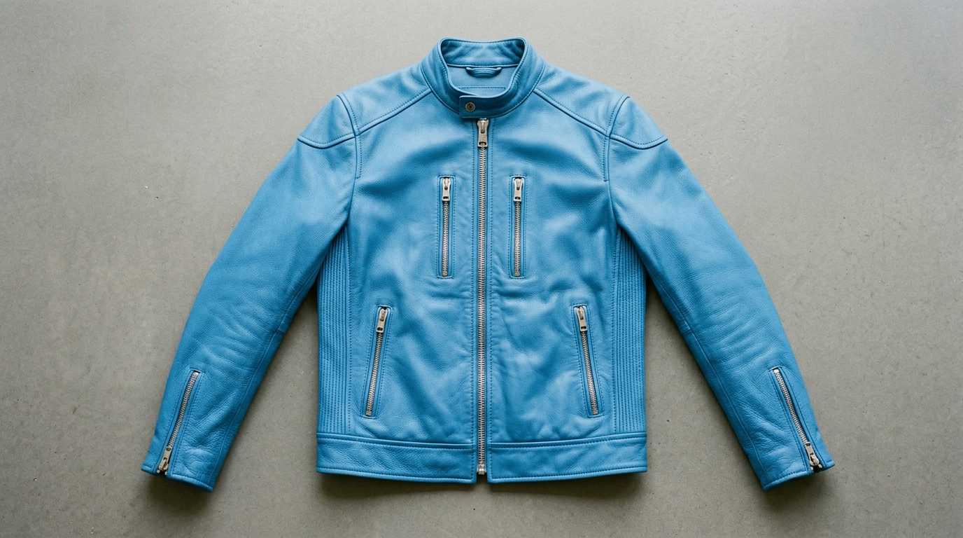 Sky blue leather cafe racer jacket flat lay on neutral grey surface showing grain and zip detail