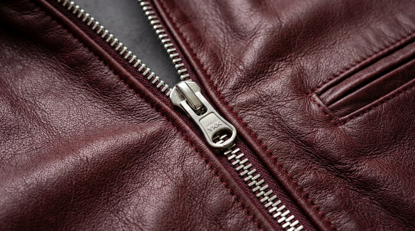 Close-up of deep red and burgundy lambskin leather showing rich drum-dyed grain and silver zip hardware