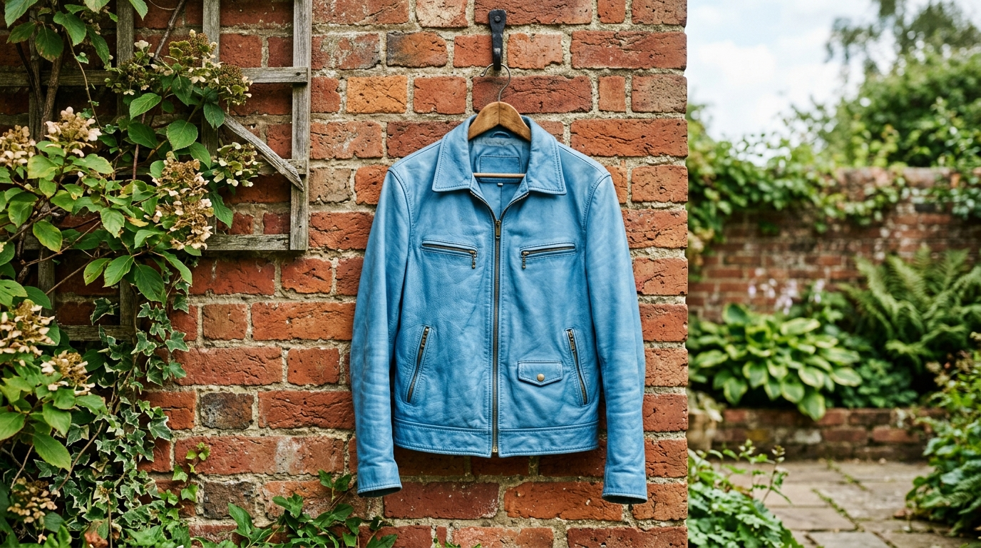 Blue leather jacket hanging on wooden hanger outdoors against daylight brick wall