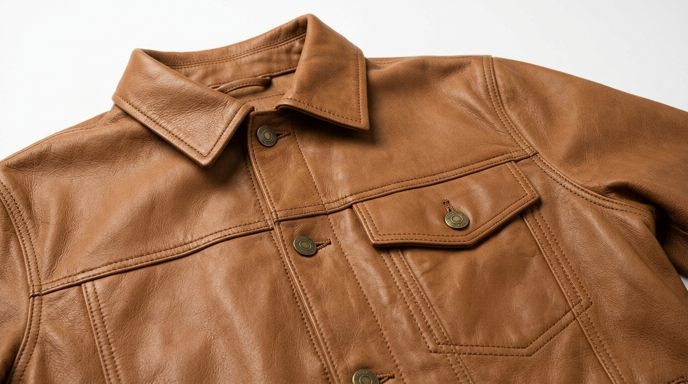 Close-up detail of leather trucker jacket showing shirt collar, chest pocket and panel seams