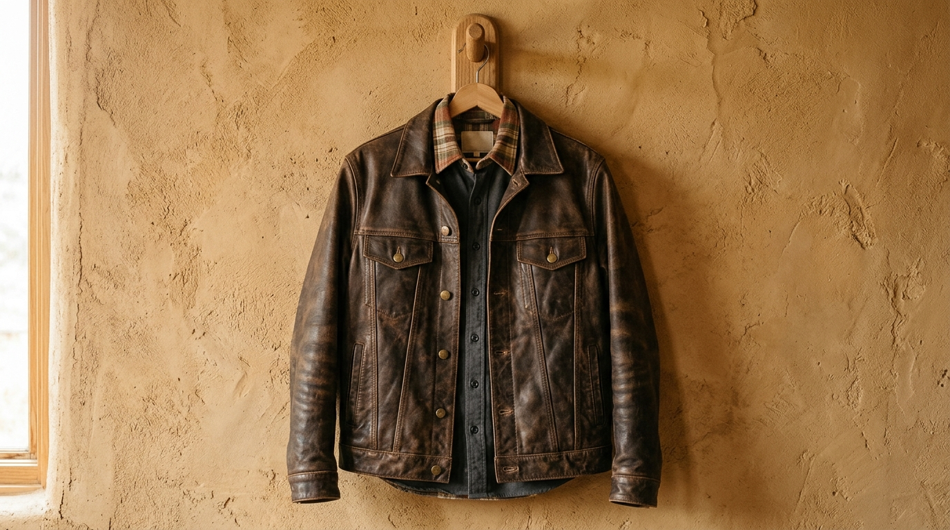 Brown leather trucker jacket hanging showing classic shirt collar and button-front