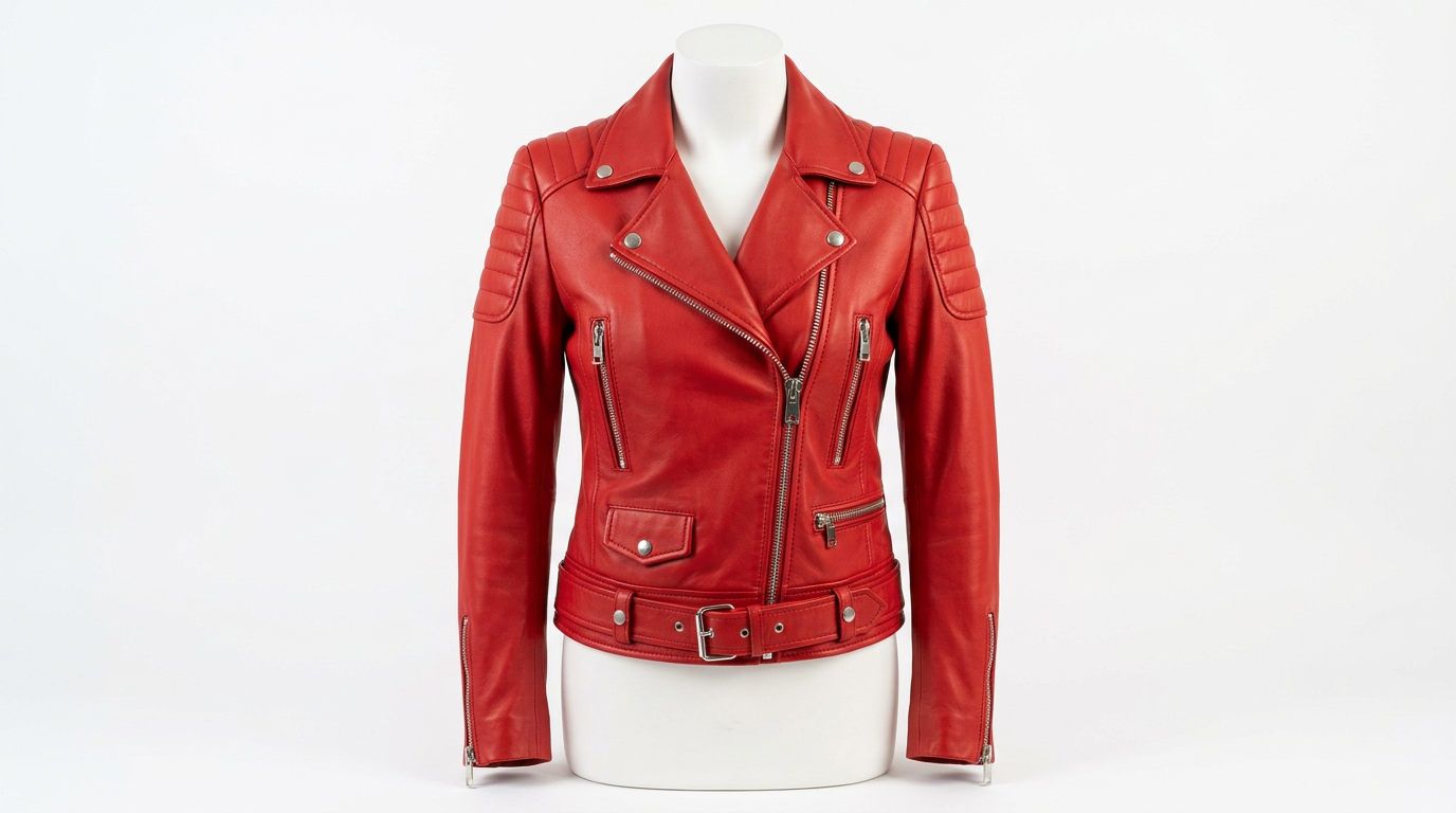 Red leather biker style jacket on white mannequin showing structured silhouette and vivid scarlet lambskin