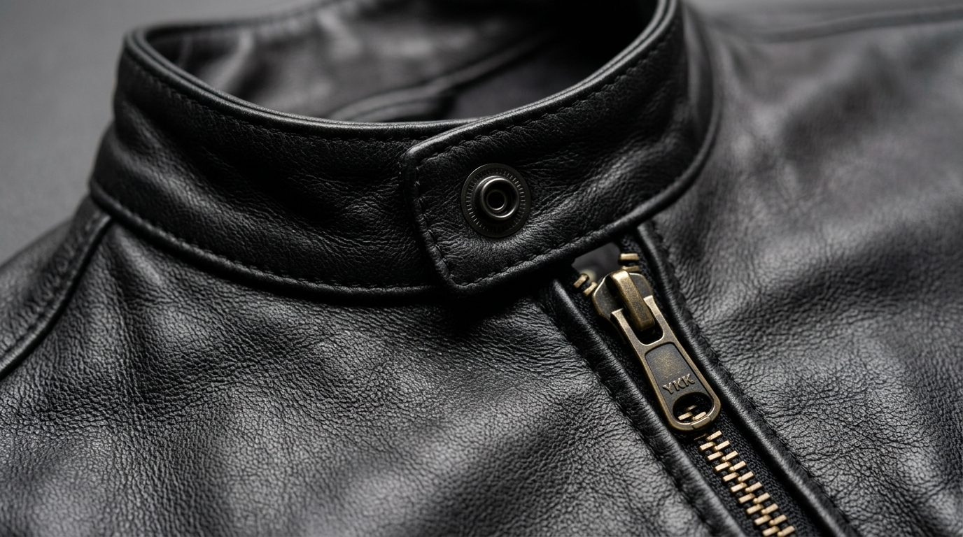 Close-up of black cafe racer jacket showing flat snap-tab collar and centre zip detail in lambskin