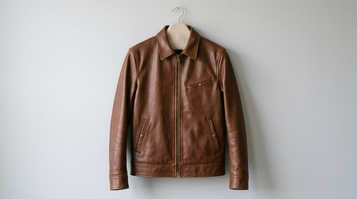 Black leather Harrington jacket on padded hanger showing shirt collar and front zip