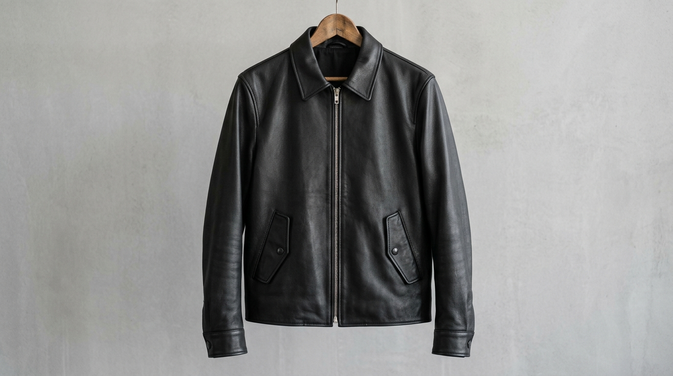 Brown leather Harrington jacket layered over dress shirt showing smart casual styling