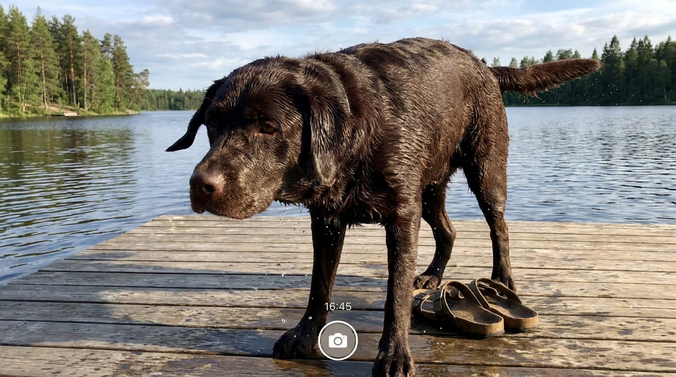 Wet dog on a dock after swimming