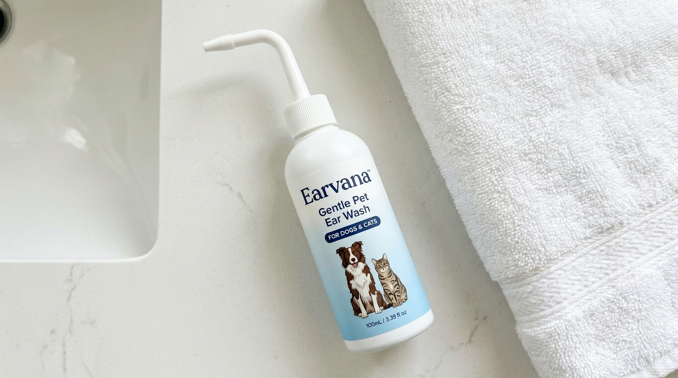 Earvana Gentle Pet Ear Wash bottle with curved applicator nozzle