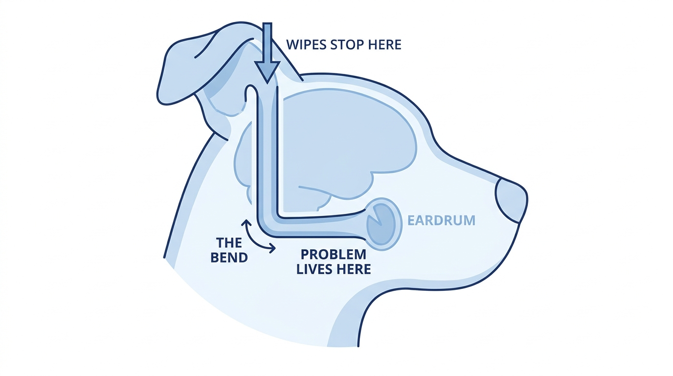 Diagram of a dog's L-shaped ear canal — wipes stop at the bend