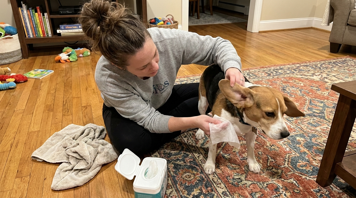 Owner struggling to clean her dog's ear with a wipe