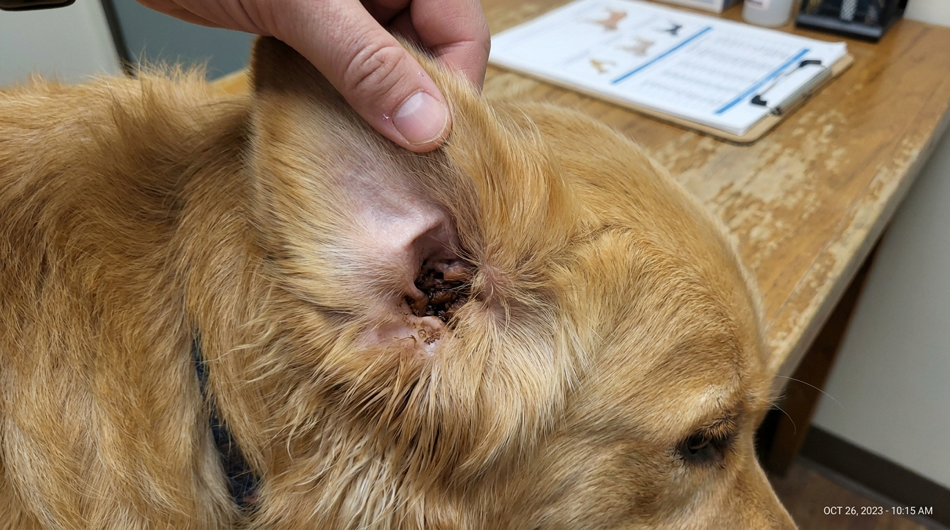 Lifted dog ear showing dark waxy buildup