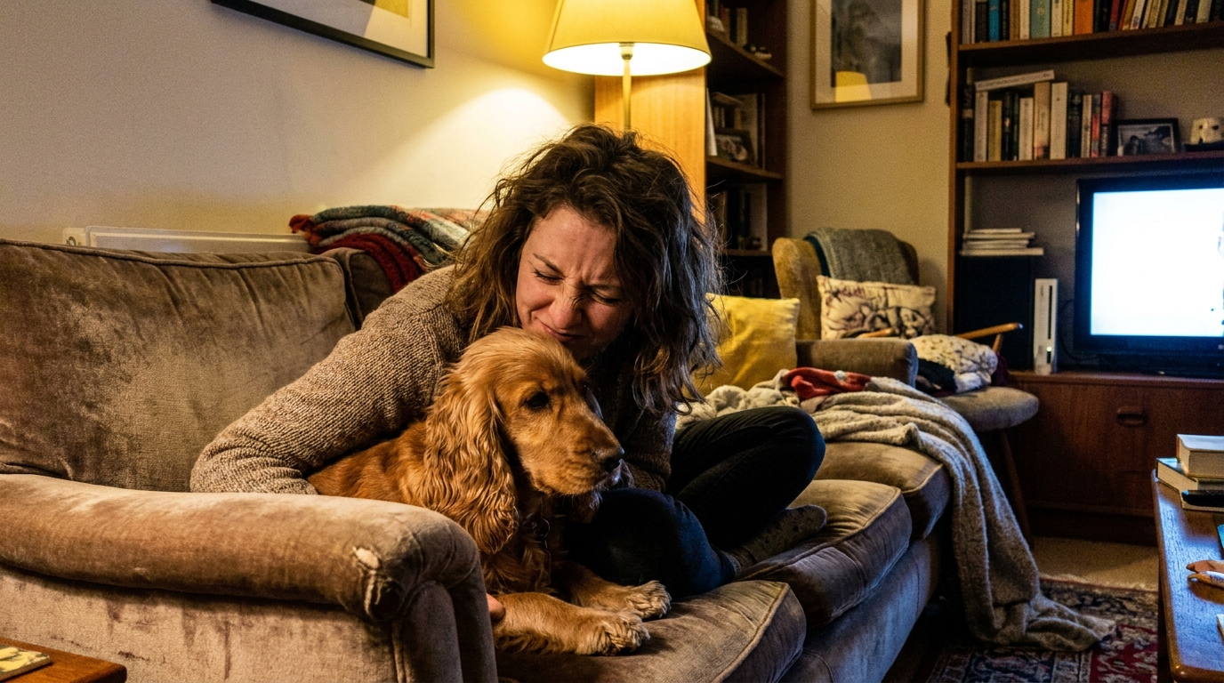 Owner noticing a faint smell while cuddling her dog on the couch