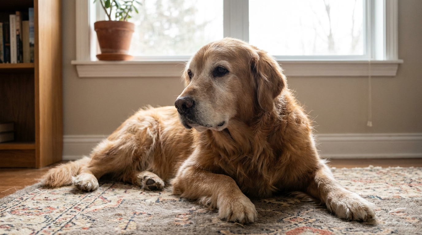 Senior golden retriever lying quietly by a window