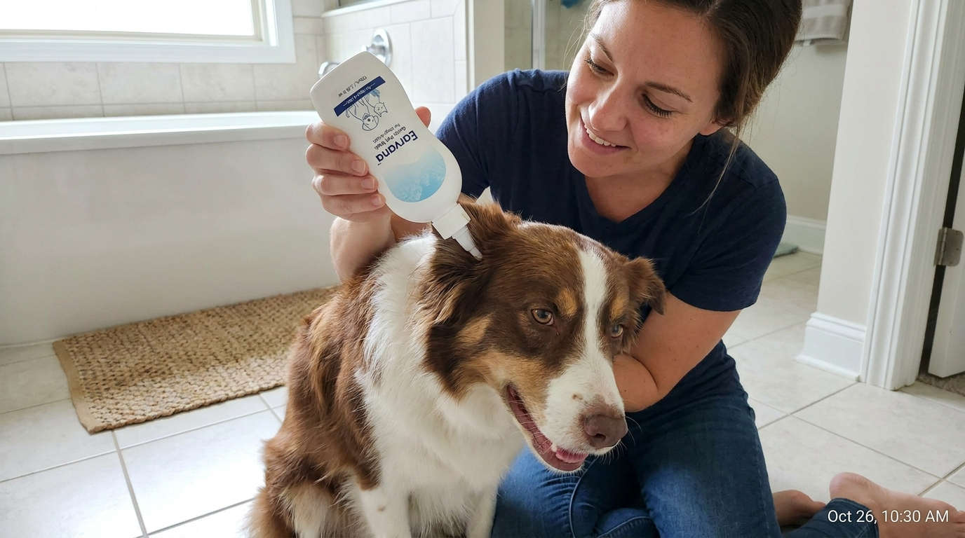 Owner applying Earvana to a calm dog's ear