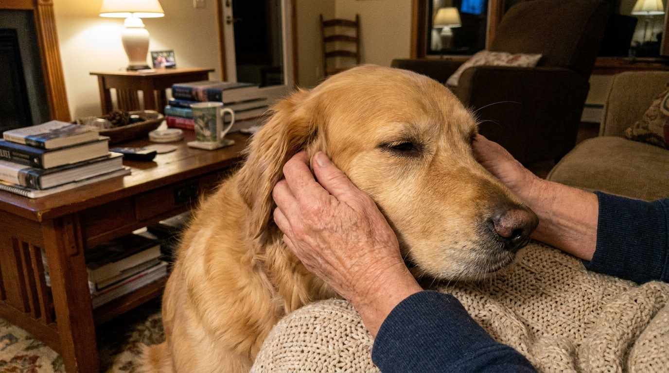 Happy dog leaning into an ear massage