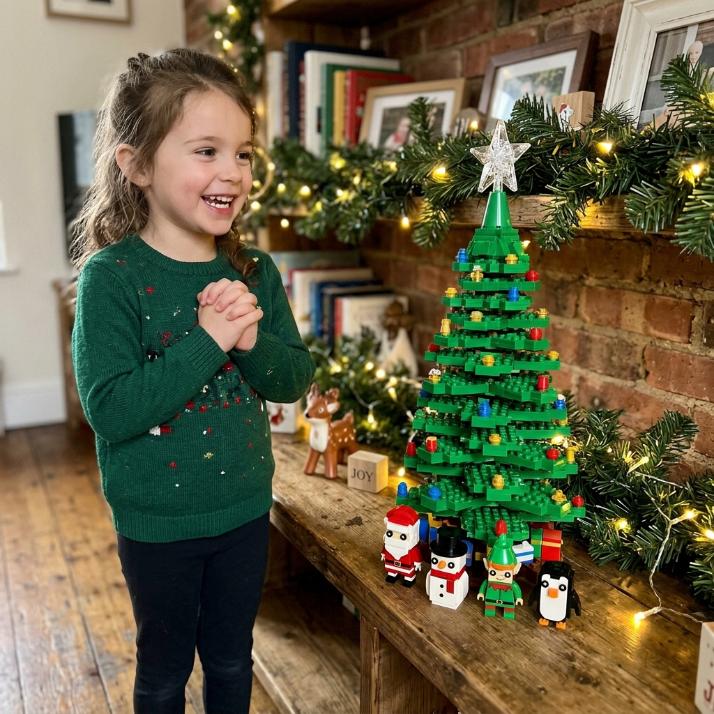 Proud girl admiring her finished block Christmas tree