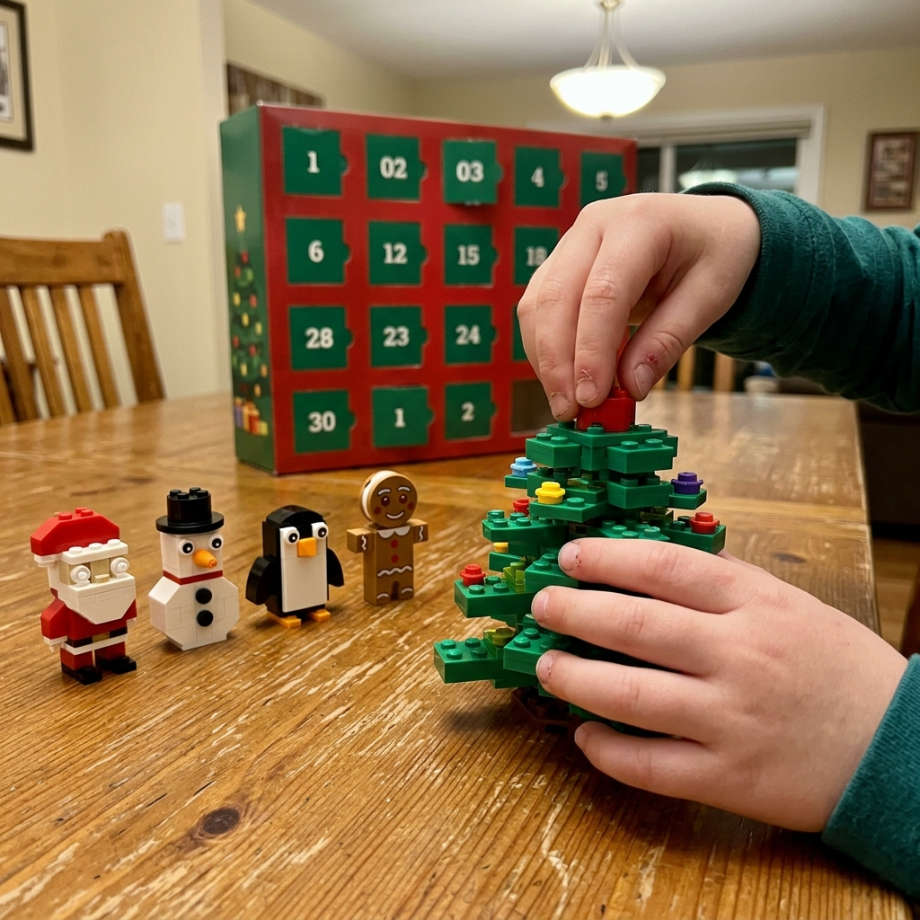 Child connecting a daily build onto the block Christmas tree