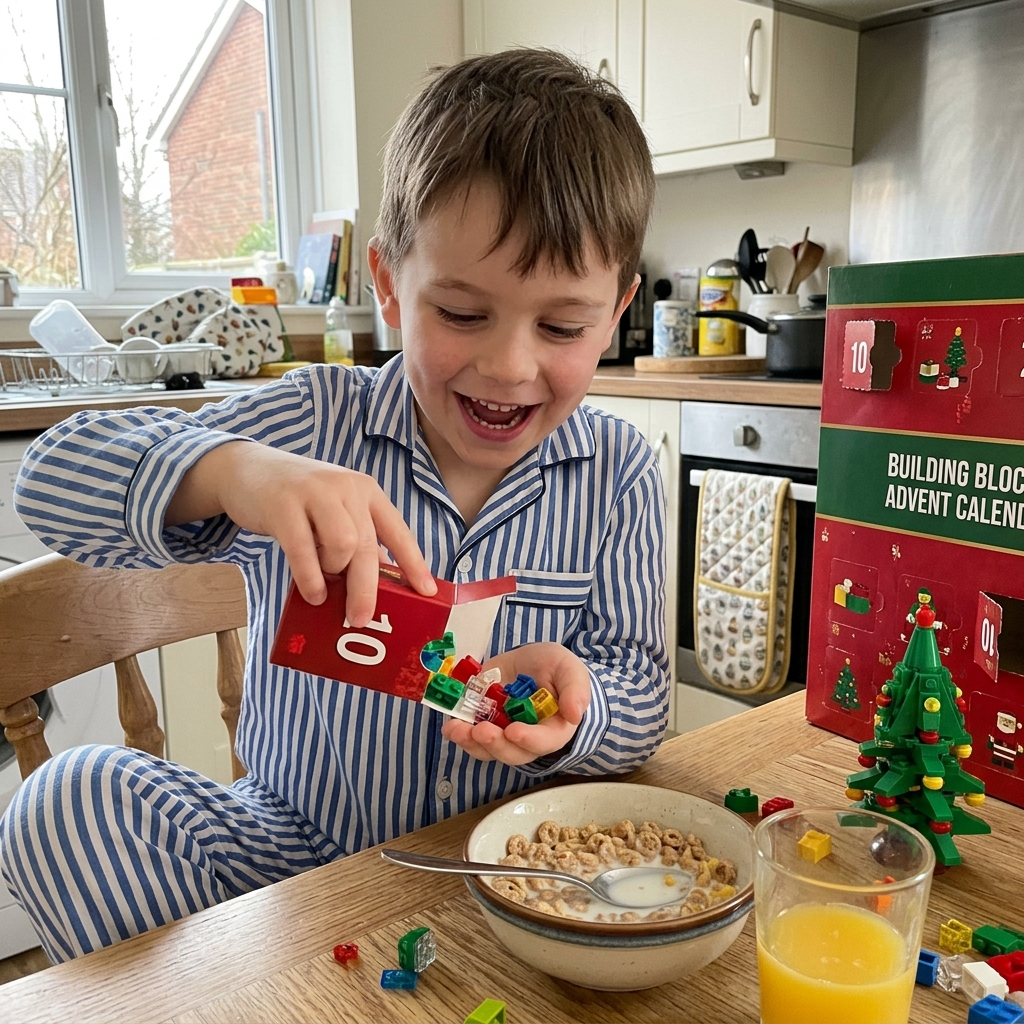 Boy opening his daily advent calendar build at breakfast